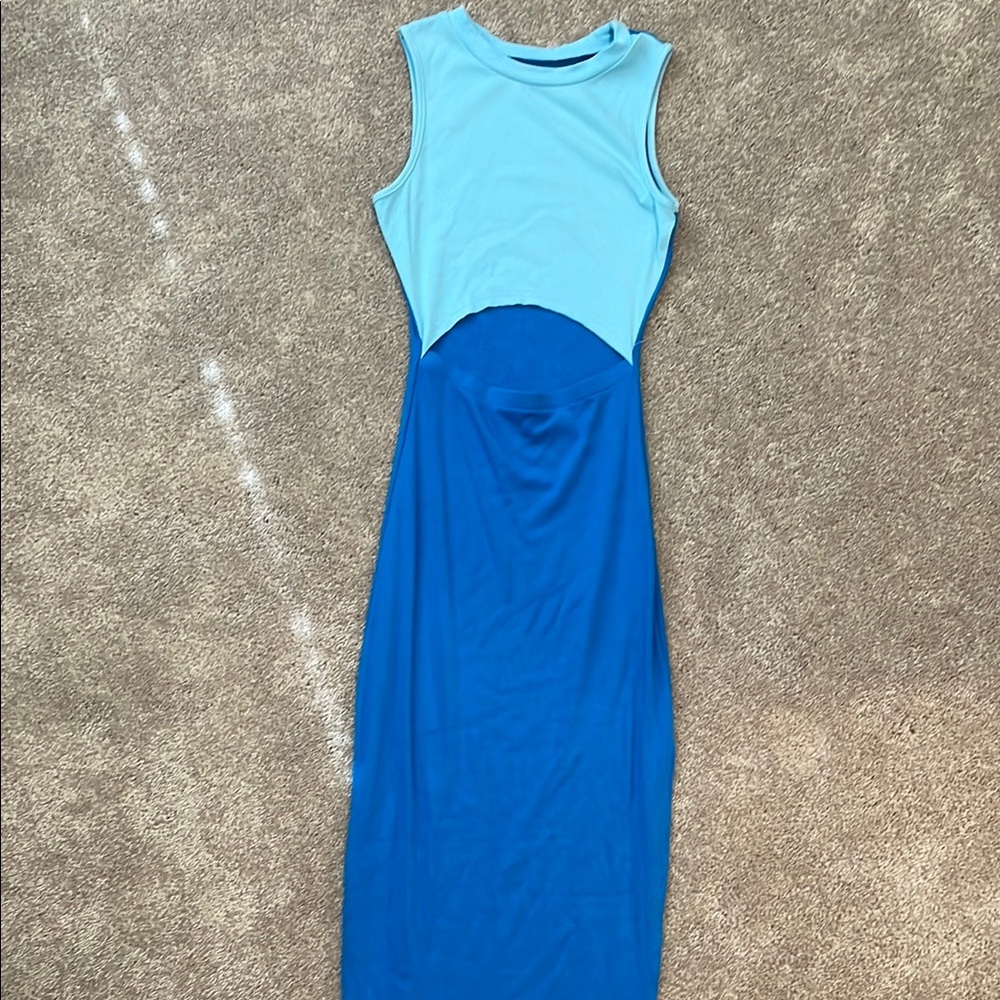 Women's Crew Neck BodyCon Sleeveless Slim Slit Color Block Dress~Cut out ~XS